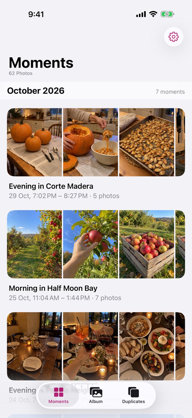 Moments timeline listing an evening of pumpkin carving, a morning of apple picking in Half Moon Bay and a dinner, each with photo previews