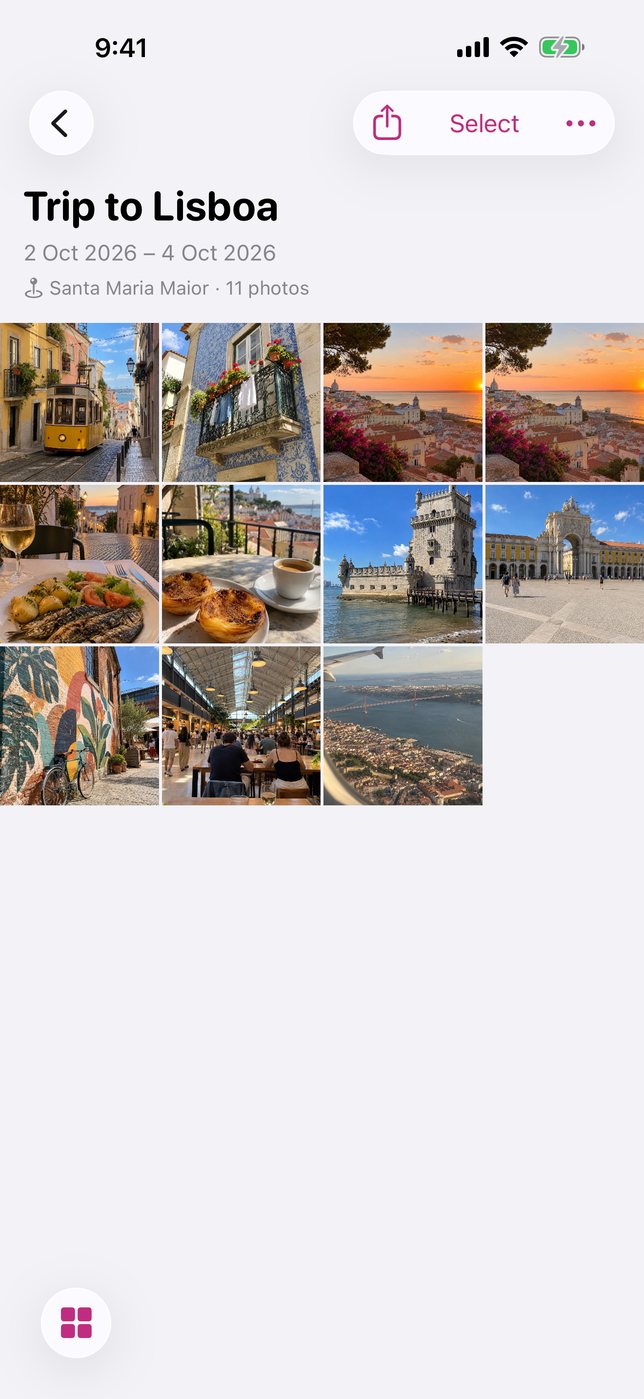 A trip to Lisbon gathered into one moment, with photos of a yellow tram, tiled facades, sunset rooftops and Belém Tower