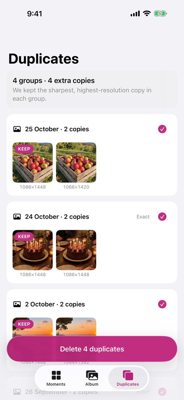 Duplicates screen showing four groups of repeated photos, with the best copy of each marked Keep