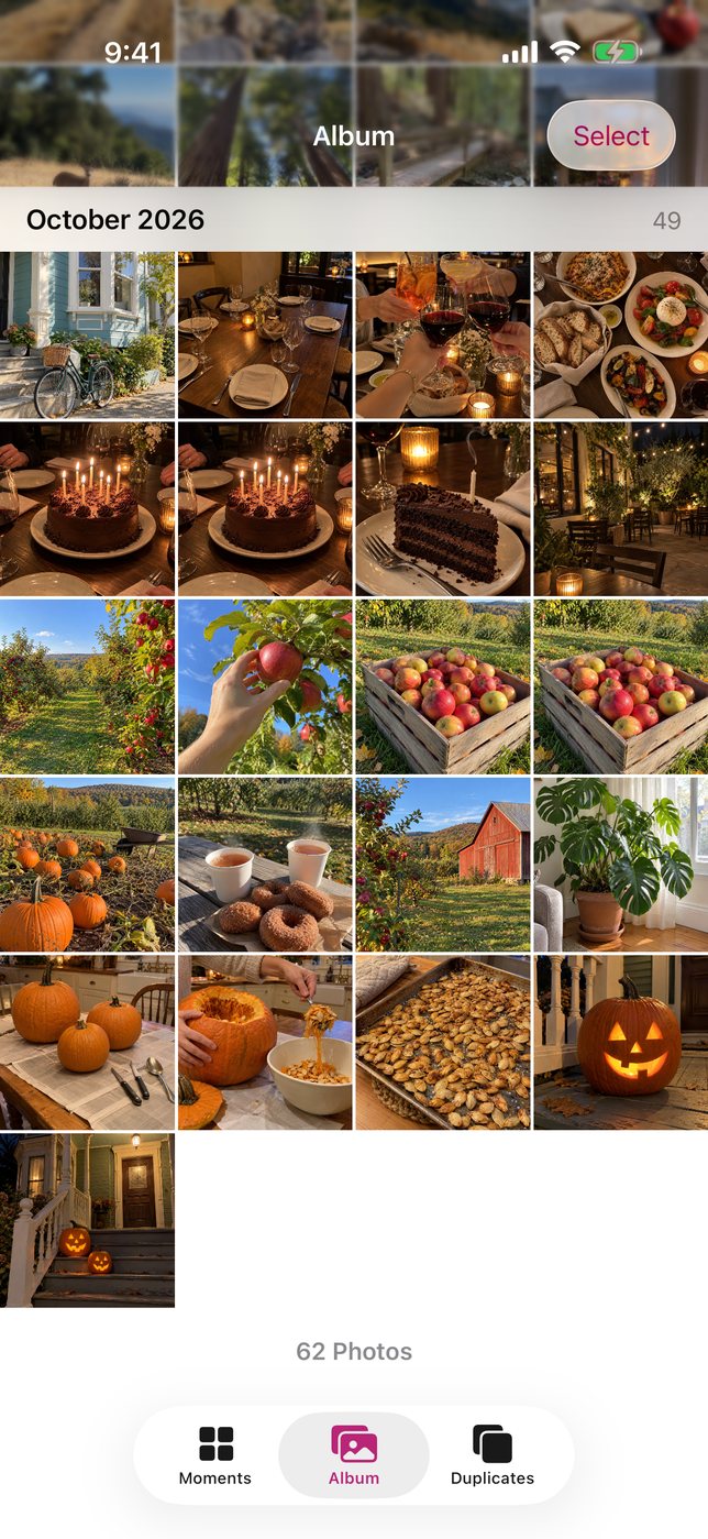 Album view with a grid of photos from October, including a birthday dinner, an apple orchard and carved pumpkins